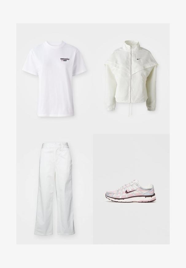 Witte lange mouwen zip-up jas met hoge kraag, cape-achtige details over de schouders, elastische manchetten en een klein zwart Nike-logo op de borst.; Witte t-shirt met korte mouwen en ronde hals, met een klein zwart en paars Carhartt WIP-logo op de linkerkant van de borst.; Witte wijde broek gemaakt van katoen, met een gladde textuur, rechte pasvorm, voorzakken en een schone zoom.; Witte, roze en zilveren Nike P-6000 sneaker met een bovenwerk van mesh, reflecterende details en een donkerpaars swoosh-logo op een lichte effen achtergrond.