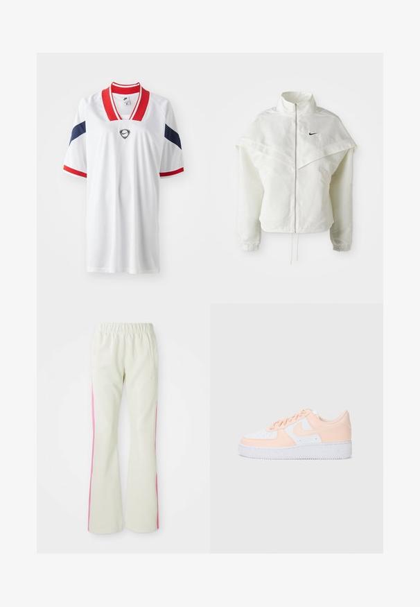 Balta ilga rankovė zip-up striukė su aukštu apykakle, švarkelio tipo detalėmis ant pečių, elastingomis rankovėmis ir mažuoju juodu Nike logotipu ant krūtinės.; Balta sportinė marškinė su raudonais ir tamsiai mėlynais akcentais, V formos apykakle, trumpomis rankovėmis ir tinklu tekstūra, su logotipo detalizavimu ant krūtinės.; Šviesiai smėlio spalvos kelnės su elastinga juosmens juosta, turinčios rožinius šoninius panelius ir šonines kišenes. Lygi tekstūra su tiesiomis kojomis.; Nike Air Force 1 sportbačiai pasižymi balta oda viršumi su švelnių rožinių akcentų. Guma padais yra tekstūruotas, kad suteiktų sukibimą. Klasikinis dizainas ir raištelių uždarymas.