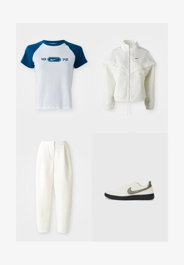 Balta ilga rankovė zip-up striukė su aukštu apykakle, švarkelio tipo detalėmis ant pečių, elastingomis rankovėmis ir mažuoju juodu Nike logotipu ant krūtinės.; Baltos medvilnės marškinėliai su mėlynomis raglan rankovėmis, su centriniu logotipu ir po juo mėlynai atspausdintu "1972". Trumpomis rankovėmis ir apvaliu kaklu.; Baltos aukšto liemens siaurėjantys keliai su paslėptu priekinio uždarymo mechanizmu ir šoninėmis kišenėmis, pristatyti prieš paprastą baltą foną.; Nike Sportswear FIELD GENERAL - Sportbačiai - off-white/black