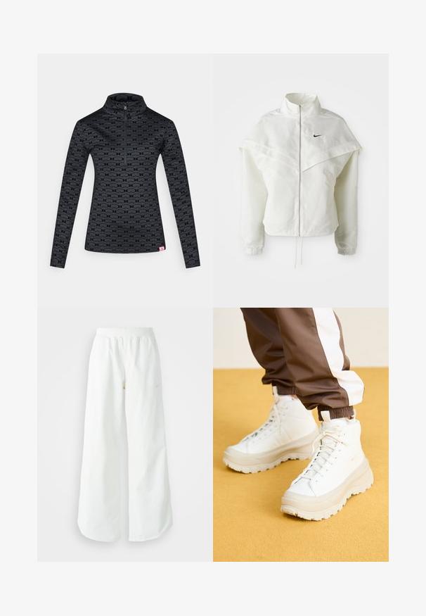 Jachetă albă cu mâneci lungi, cu fermoar, guler înalt, detalii asemănătoare unei capele pe umeri, manșete elastice și un mic logo Nike negru pe piept.; Pulover negru cu mâneci lungi și fermoar scurt. Prezintă un model subtil peste tot și o etichetă mică cu logo roz la tiv. Textură moale și netedă.; Pantaloni atletici largi, alba, cu un talie elastica texturata si detalii subtile cu logo. Material neted, cu o croiala lejera si tiv conformat.; Tenisi albi înălțați cu o talpă groasă și texturată, având un superior neted, vârf rotund și șireturi tonale, plasati pe un fundal galben.