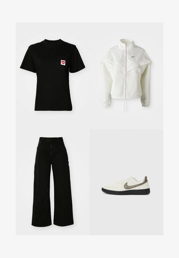 Jachetă albă cu mâneci lungi, cu fermoar, guler înalt, detalii asemănătoare unei capele pe umeri, manșete elastice și un mic logo Nike negru pe piept.; Tricou negru din bumbac cu decolteu rotund și mâneci scurte. Prezintă un buzunar frontal cu un logo roșu în formă de inimă și text alb.; Pantaloni cargo negri, cu pantaloni largi din denim, având talie înaltă, închidere cu fie-button în față și buzunare laterale. Textură netedă cu cusături minime.; Nike Sportswear FIELD GENERAL - Sneakers low - off-white/black