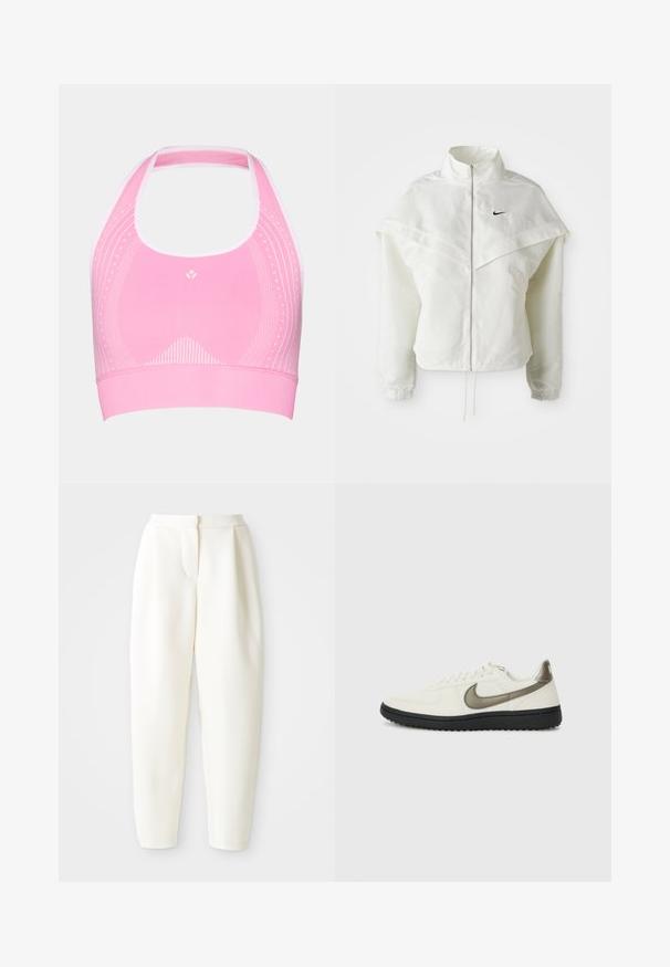 Hvit langermet jakke med glidelås og høy krage, kappe-lignende detaljer over skuldrene, elastiske mansjetter, og liten svart Nike-logo på brystet.; Rosa sportsbh med halterneck-design, som har diskrete hvite mønstre og ribbet tekstur langs bunnbåndet.; Høytlivede, smale hvite bukser med skjult frontlukking og sidelommer, vist mot en ensfarget hvit bakgrunn.; Nike Sportswear FIELD GENERAL - Joggesko - off-white/black