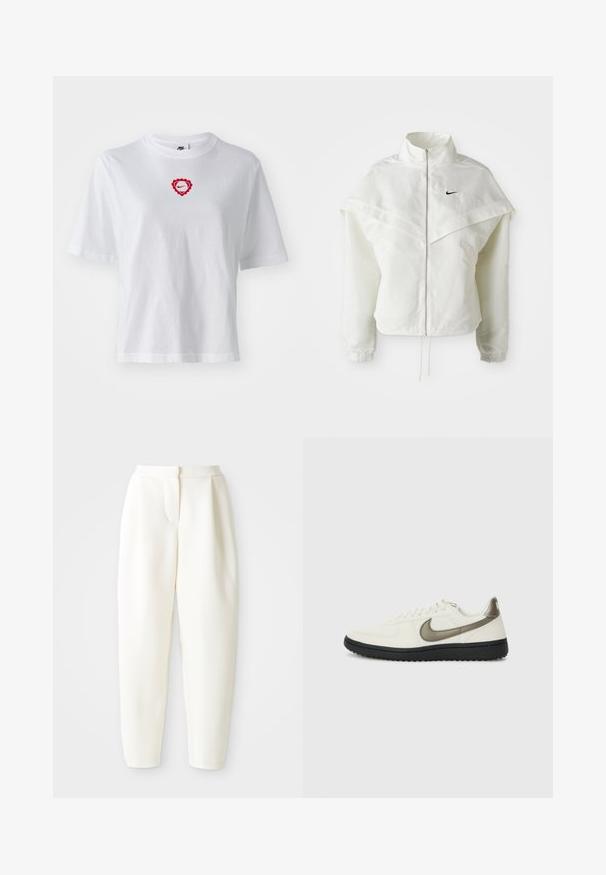 White long-sleeve zip-up jacket with high collar, cape-like detail across shoulders, elastic cuffs, and small black Nike logo on chest.; White cotton t-shirt featuring a red heart-shaped graphic with a Nike logo at the center. Short sleeves and a relaxed fit.; High-waist tapered white pants with a concealed front closure and side pockets, displayed against a plain white background.; Nike Sportswear FIELD GENERAL - Trainers - off-white/black