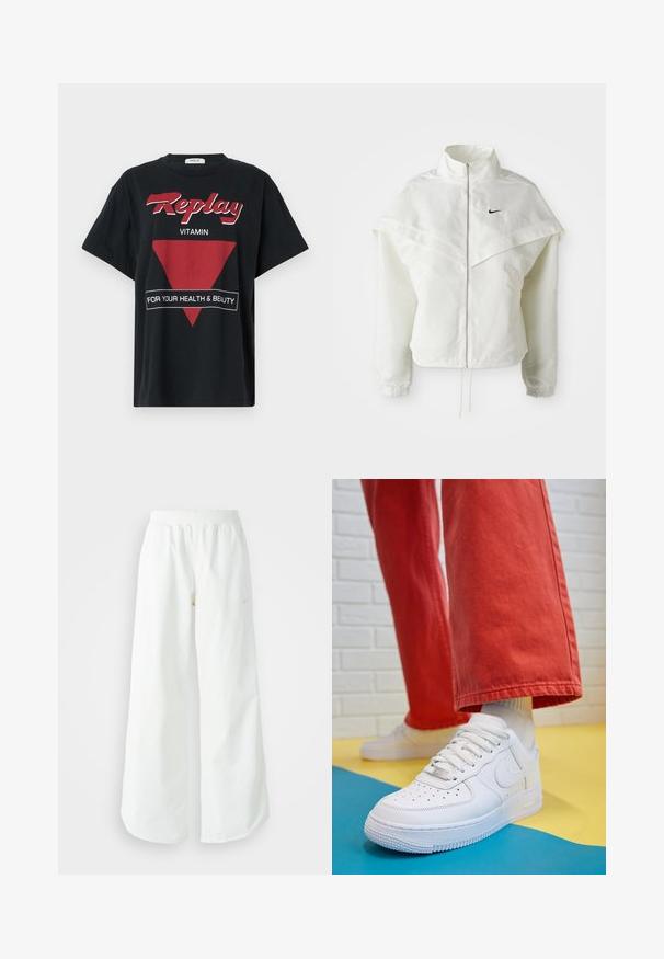 Jachetă albă cu mâneci lungi, cu fermoar, guler înalt, detalii asemănătoare unei capele pe umeri, manșete elastice și un mic logo Nike negru pe piept.; Tricou din bumbac negru cu un mare triunghi roșu, text alb „Replay” și „PENTRU SĂNĂTATEA ȘI FRUMUSEȚEA TA”, cu mâneci scurte și croială lejeră.; Pantaloni atletici largi, alba, cu un talie elastica texturata si detalii subtile cu logo. Material neted, cu o croiala lejera si tiv conformat.; Tenis alb din piele cu fanta pe vârful piciorului, talpă texturată și șireturi albe, purtat cu pantaloni larga roșii și un fundal albastru și galben.