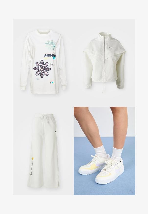 Λευκό ζακέτα με μακριά μανίκια και κλείσιμο με φερμουάρ, υψηλό γιακά, λεπτομέρεια που μοιάζει με κάπα στους ώμους, ελαστικούς μανσέτες και μικρό μαύρο λογότυπο Nike στο στήθος.; Λευκό T-shirt με μακριά μανίκια που παρουσιάζει πολύχρωμα γραφικά λουλουδιών και κείμενο με branding. Μαλακό ύφασμα με χαλαρή εφαρμογή, στρογγυλή λαιμόκοψη και μακριά μανίκια.; Λευκές, φαρδιές φόρμες με λάστιχο στη μέση, κορδόνι, πλαινές σχισμές, μαύρο λογότυπο Nike και αντίθετο κίτρινο γραφικό κείμενο.; Λευκά δερμάτινα αθλητικά παπούτσια με κίτρινες και λιλά λεπτομέρειες, στρογγυλή μύτη, επίπεδες κορδόνια και υφασμάτινη σόλα από καουτσούκ με υφή. Φοριούνται με λευκές κάλτσες.