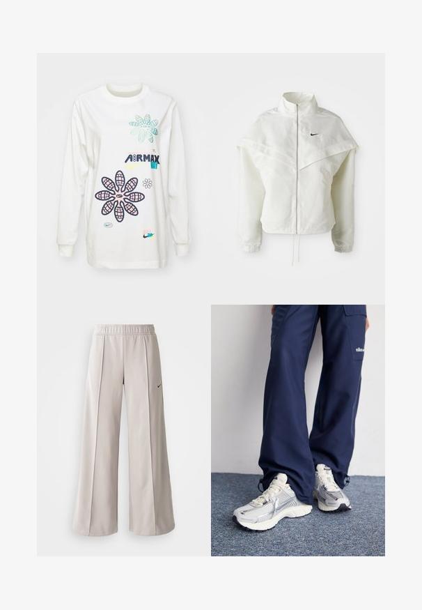 White long-sleeve zip-up jacket with high collar, cape-like detail across shoulders, elastic cuffs, and small black Nike logo on chest.; White long-sleeve T-shirt featuring colorful floral graphics and branding text. Soft fabric with a relaxed fit, round neckline, and long sleeves.; Light gray wide-leg pants made of smooth fabric. Features an elastic waistband and black Nike logo on the left side.; Nike athletic shoes with a silver mesh upper, white accents, and textured soles, paired with loose-fitting navy pants.