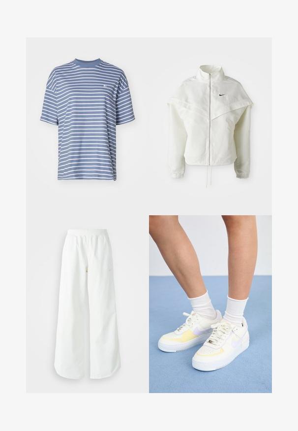 Balta ilga rankovė zip-up striukė su aukštu apykakle, švarkelio tipo detalėmis ant pečių, elastingomis rankovėmis ir mažuoju juodu Nike logotipu ant krūtinės.; Carhartt WIP BRYNA - Marškinėliai su spaudiniu - charm blue/white; Balti sportiniai keliai su platėjančiomis kojomis, su įtemptu juosmeniu ir subtilia logotipo detale. Lygus audinys, laisvas kirpimas ir siaurėjantis apatinis kraštas.; Baltos odinės sportbačiai su geltonais ir levandų akcentais, apvaliu pirštu, plokščiomis raišteliais ir tekstūruota guma. Dėvimi su baltais kojinėmis.