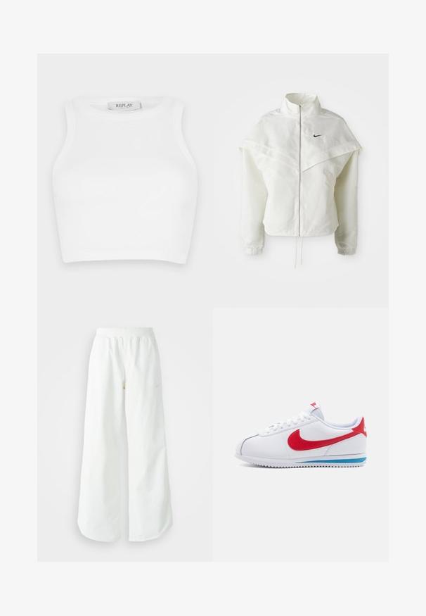 Balta ilga rankovė zip-up striukė su aukštu apykakle, švarkelio tipo detalėmis ant pečių, elastingomis rankovėmis ir mažuoju juodu Nike logotipu ant krūtinės.; Baltas raukšlėtas trumpas viršus su apvalia iškirpte ir be rankovių dizainu. Prie iškirpės užrašyta "REPLAY". Visas paviršius lygus.; Balti sportiniai keliai su platėjančiomis kojomis, su įtemptu juosmeniu ir subtilia logotipo detale. Lygus audinys, laisvas kirpimas ir siaurėjantis apatinis kraštas.; Balti sportbačiai su raudonu swoosh, mėlyna akcentu ant pado ir baltais raišteliais. Tekstūruota viršutinė dalis su siuvinėtomis detalėmis. Klasikinis dizainas.