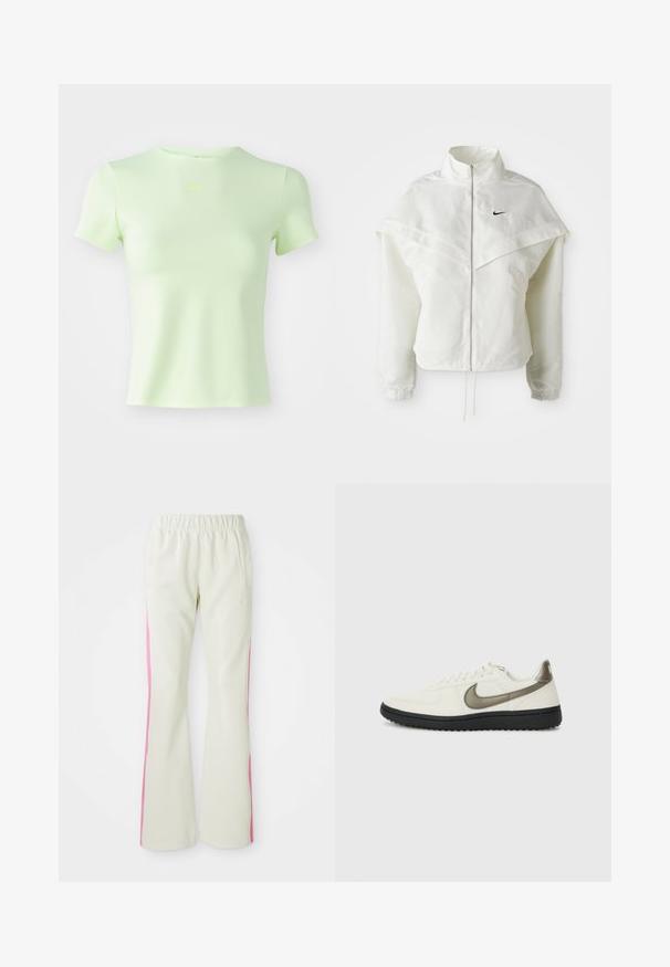 Weiße langärmlige Zip-Jacke mit hohem Kragen, cape-artigem Detail über den Schultern, elastischen Bündchen und kleinem schwarzen Nike-Logo auf der Brust.; Hellgrünes, tailliertes T-Shirt aus glattem Stoff, mit rundem Halsausschnitt und kurzen Ärmeln, versehen mit einem kleinen Neon-grünen Nike-Logo.; Helle beige Hosen mit einem elastischen Bund, ausgestattet mit pinken seitlichen Einsätzen und seitlichen Taschen. Glatte Textur mit geradem Bein.; Nike Sportswear FIELD GENERAL - Sneaker low - off-white/black