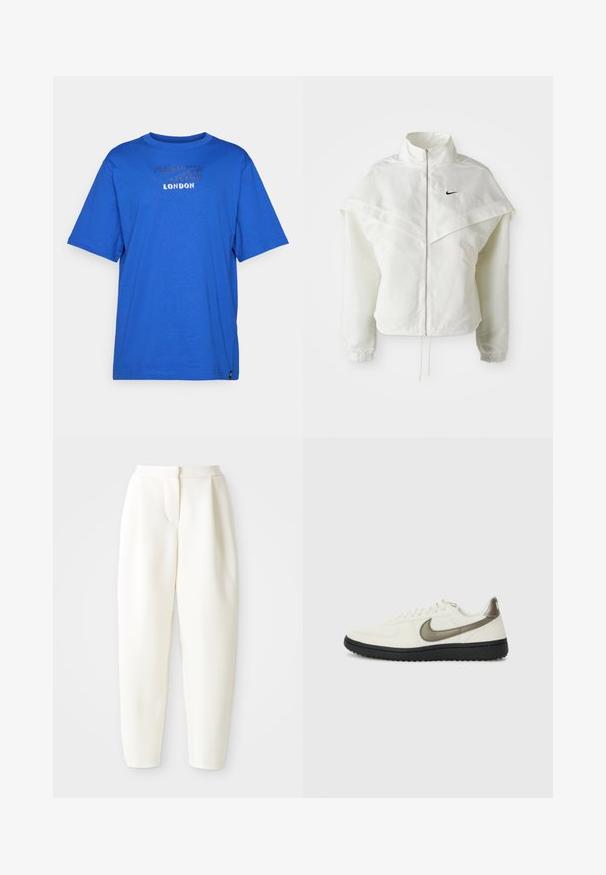 Balta garās piedurknes ar rāvējslēdzēju jaka ar augstu apkakli, apmetņa līdzīga detaļa uz pleciem, elastīgas aproces un mazs melns Nike logotips uz krūtīm.; Zils kokvilnas T-krekls ar apaļu kaklu, īsām piedurknēm un teksturētu druku ar vārdu "LONDON" priekšpusē. Bez rakstiem vai akcentiem.; Augstas jostas līnijas, sašaurināti balti bikses ar slēptu priekšējo aizdari un sānu kabatām, attēloti uz vienkrāsaina balta fona.; Nike Sportswear FIELD GENERAL - Treniņu apavi - off-white/black