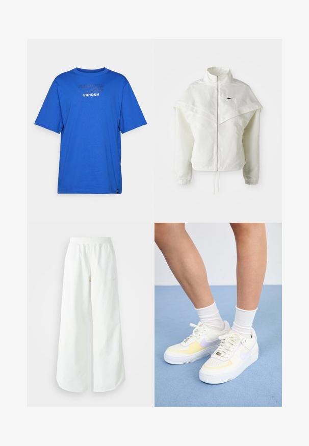Biela bunda s dlhým rukávom na zips a vysokým golierom, s plášťovým detailom cez plecia, elastickými manžetami a malým čiernym logom Nike na hrudi.; Modrá bavlnená tričko s okrúhlym výstrihom, krátkymi rukávmi a textúrovaným potlačou s nápisom "LONDON" na prednej strane. Bez vzorov alebo akcentov.; Biele široké športové nohavice s ribbovaným pásom a jemným logom. Hladká tkanina s uvoľneným strihom a zúženým lemom.; Biele kožené tenisky s žltými a levanduľovými akcentmi, okrúhle špičky, ploché šnúrky a textúrovaná gumová podrážka. Nosené s bielymi ponožkami.