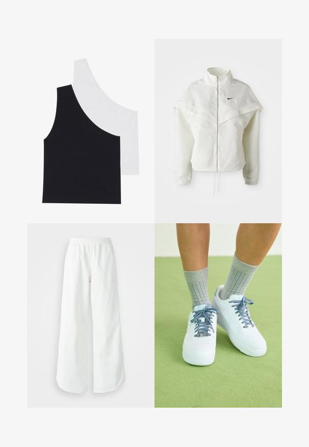 Jaqueta branca de mangas longas com fecho éclair e gola alta, detalhe tipo capa nos ombros, punhos elásticos e pequeno logótipo preto da Nike no peito.; Top de alças em preto e branco com decote assimétrico; tecido macio em mistura de algodão; design ajustado; sem fechos ou padrões visíveis.; Calças atléticas largas brancas com uma cintura canelada e um discreto detalhe de logótipo. Tecido suave com um corte relaxado e terminações ajustadas.; Sapatilhas de couro brancas com detalhes azuis, design de biqueira perfurada e atacadores texturizados azul e branco, usadas com meias cinzas caneladas.