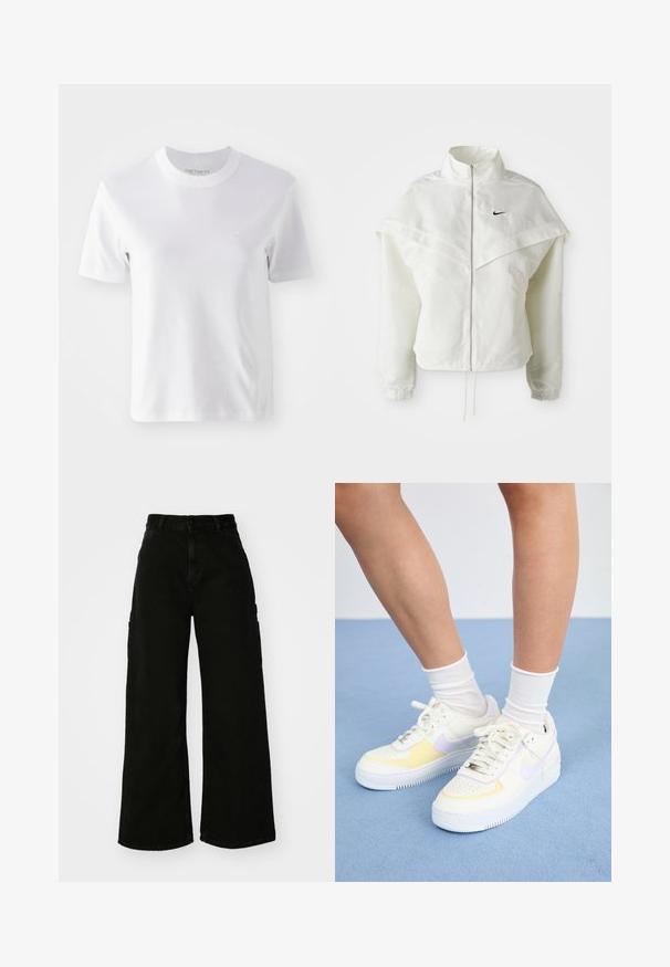 Giacca bianca a maniche lunghe con zip e colletto alto, dettaglio a mantella sulle spalle, polsini elasticizzati e piccolo logo Nike nero sul petto.; T-shirt bianco a maniche corte in cotone con collo rotondo e un piccolo logo ricamato sul petto, texture liscia e design semplice.; Pantaloni cargo neri a gamba larga in denim, con vita alta, chiusura frontale con bottone e tasche laterali. Texture liscia con cuciture minime.; Sneakers bianchi in pelle con accenti gialli e lavanda, punta tonda, lacci piatti e suola in gomma texturizzata. Indossati con calzini bianchi.