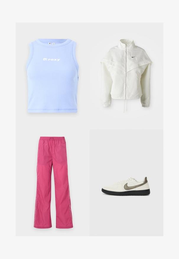 Giacca bianca a maniche lunghe con zip e colletto alto, dettaglio a mantella sulle spalle, polsini elasticizzati e piccolo logo Nike nero sul petto.; Canotta a coste di colore azzurro chiaro con scollatura a girocollo e logo "roxy" bianco sul petto; design aderente e lunghezza corta.; Pantaloni leggeri rosa con vita regolabile, design a gamba larga e strisce laterali bianche. Texture liscia, adatti per un abbigliamento casual.; Nike Sportswear FIELD GENERAL - Sneakers basse - off-white/black