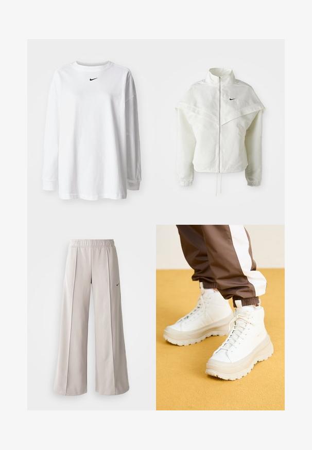 Balta ilga rankovė zip-up striukė su aukštu apykakle, švarkelio tipo detalėmis ant pečių, elastingomis rankovėmis ir mažuoju juodu Nike logotipu ant krūtinės.; Baltas ilgas rankovės marškinėliai, pagaminti iš medvilnės, su apvalia kaklo linija ir maža juoda Nike logo ant krūtinės. Paprastas dizainas, laisvas įsiliejimas.; Šviesiai pilki plačių kojų kelnės, pagamintos iš lygaus audinio. Turi elastingą juosmenį ir juodą Nike logotipą kairėje pusėje.; Baltos aukštos sportinės bateliai su masyviu, tekstūruotu padu, sklandžiu viršumi, apvalia nosimi ir toniniu raišteliu, prieš geltoną foną.