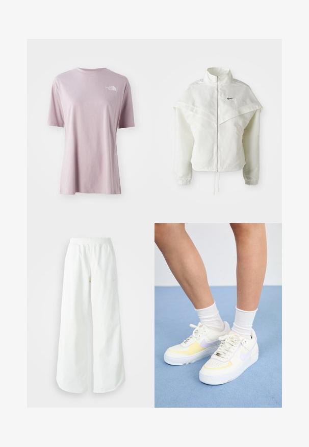 Biela bunda s dlhým rukávom na zips a vysokým golierom, s plášťovým detailom cez plecia, elastickými manžetami a malým čiernym logom Nike na hrudi.; Svetlofialová tričko s krátkymi rukávmi vyrobené z mäkkej tkaniny, so bielym logom na hornej ľavej strane hrude a voľným strihom.; Biele široké športové nohavice s ribbovaným pásom a jemným logom. Hladká tkanina s uvoľneným strihom a zúženým lemom.; Biele kožené tenisky s žltými a levanduľovými akcentmi, okrúhle špičky, ploché šnúrky a textúrovaná gumová podrážka. Nosené s bielymi ponožkami.