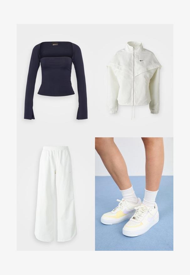 Balta garās piedurknes ar rāvējslēdzēju jaka ar augstu apkakli, apmetņa līdzīga detaļa uz pleciem, elastīgas aproces un mazs melns Nike logotips uz krūtīm.; Gina Tricot SOFT TOUCH SQUARE NECK TOP - Tops ar garām piedurknēm - black iris; Baltas, platais sporta bikses ar ribotu jostasvītru un smalku logotipa detaļu. Gluda auduma ar brīvu piegriezumu un sašaurinātu apakšdaļu.; Balti ādas sporta apavi ar dzelteniem un lavandas akcentiem, apaļa purngala forma, plakani šņores un teksturēta gumijas zole. Valkāti ar baltām zeķēm.