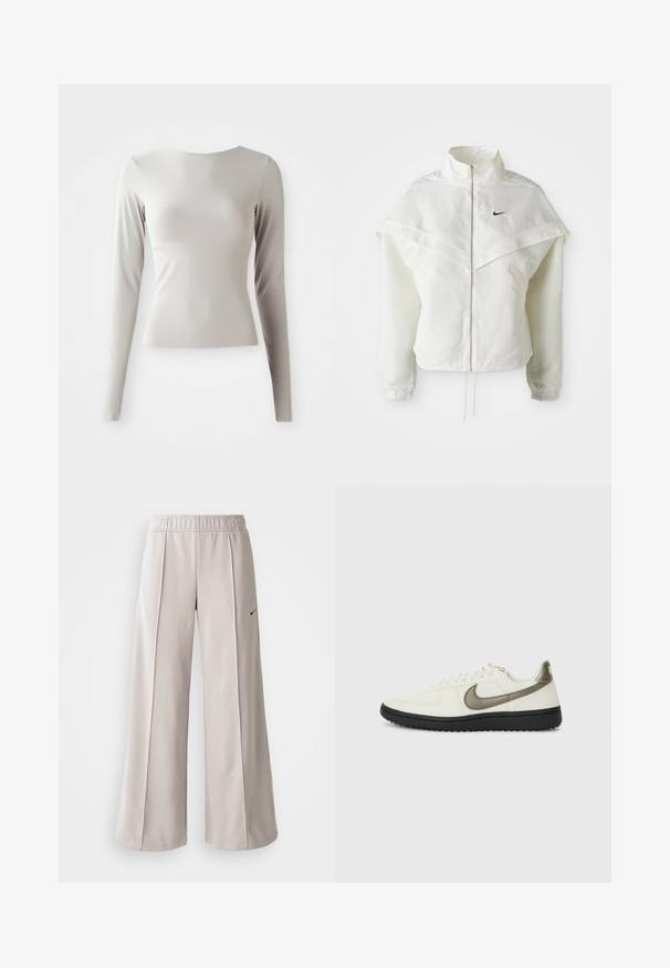 White long-sleeve zip-up jacket with high collar, cape-like detail across shoulders, elastic cuffs, and small black Nike logo on chest.; Light grey long-sleeve top made of sleek, smooth fabric with a round neckline and a fitted silhouette. Hem is slightly flared at the bottom.; Light gray wide-leg pants made of smooth fabric. Features an elastic waistband and black Nike logo on the left side.; Nike Sportswear FIELD GENERAL - Trainers - off-white/black