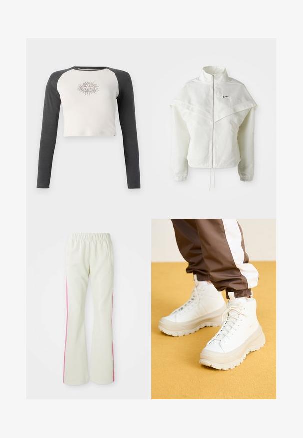 Vit långärmad zip-up jacka med hög krage, kap-liknande detalj över axlarna, elastiska ärmslut och liten svart Nike-logga på bröstet.; Kortärmad långärmad skjorta med ljusgrå kropp och mörkgrå ärmar. Har en solgrafik i beige på bröstet. Tillverkad av bomull.; Ljusbeige byxor med elastisk midja, med rosa sidopaneler och sidfickor. Slät textur med rak bendesign.; Vita högtoppsneakers med en kraftig, texturerad sula, som har en slät ovandel, rund tå och matchande snörning, placerade mot en gul bakgrund.