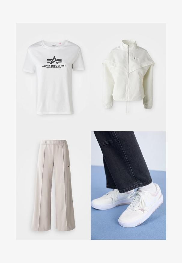 Weiße langärmlige Zip-Jacke mit hohem Kragen, cape-artigem Detail über den Schultern, elastischen Bündchen und kleinem schwarzen Nike-Logo auf der Brust.; Kurzärmliges weißes Baumwoll-T-Shirt mit einem schwarzen aufgedruckten Logo mit Flügeln und dem Text "ALPHA INDUSTRIES", Rundhalsausschnitt und lockerer Passform.; Helle graue, weit geschnittene Hose aus glattem Stoff. Mit einem elastischen Bund und dem schwarzen Nike-Logo auf der linken Seite.; Weiße Sneaker mit pinken Akzenten, Obermaterial aus glattem Leder, runde Zehenpartie und Schnürung, kombiniert mit schwarzen Denim-Hosen und auf einer blauen Fläche ruhend.