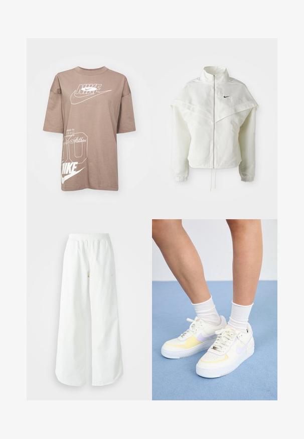 Balta ilga rankovė zip-up striukė su aukštu apykakle, švarkelio tipo detalėmis ant pečių, elastingomis rankovėmis ir mažuoju juodu Nike logotipu ant krūtinės.; Ruda medvilnės marškinėliai trumpomis rankovėmis, su balta Nike prekės ženklu ir tekstūruotu numeriu 90. Apvalus kaklas ir laisvas kirpimas.; Balti sportiniai keliai su platėjančiomis kojomis, su įtemptu juosmeniu ir subtilia logotipo detale. Lygus audinys, laisvas kirpimas ir siaurėjantis apatinis kraštas.; Baltos odinės sportbačiai su geltonais ir levandų akcentais, apvaliu pirštu, plokščiomis raišteliais ir tekstūruota guma. Dėvimi su baltais kojinėmis.