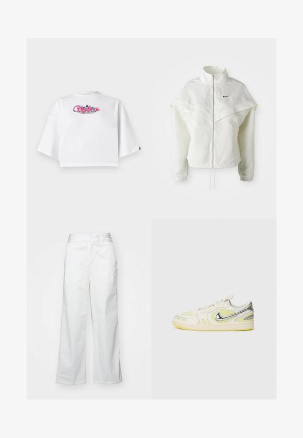 Valge pikkade varrukatega tõmblukuga jakk kõrge kraega, kätetooted, mis meenutavad katet õlgadel, elastsete mansettidega ja väikese musta Nike logoga rinnal.; Valge lühikesed varrukad T-särk, laiade varrukatega ning värviline "Alpha Studio Edition" logo rinnal, lihtsa tausta ees.; Valged laiad püksid, mis on valmistatud puuvillast, omavad siledat tekstuuri, sirget lõiget, eesmine taskud ja puhtad äärised.; Nike spordijalatsid heledas hallis ja kollases. Omab tekstuurset materjali, silmapaistvat musta swooshi ja võrgumaterjali aktsente. Madal design, millel on paelad.