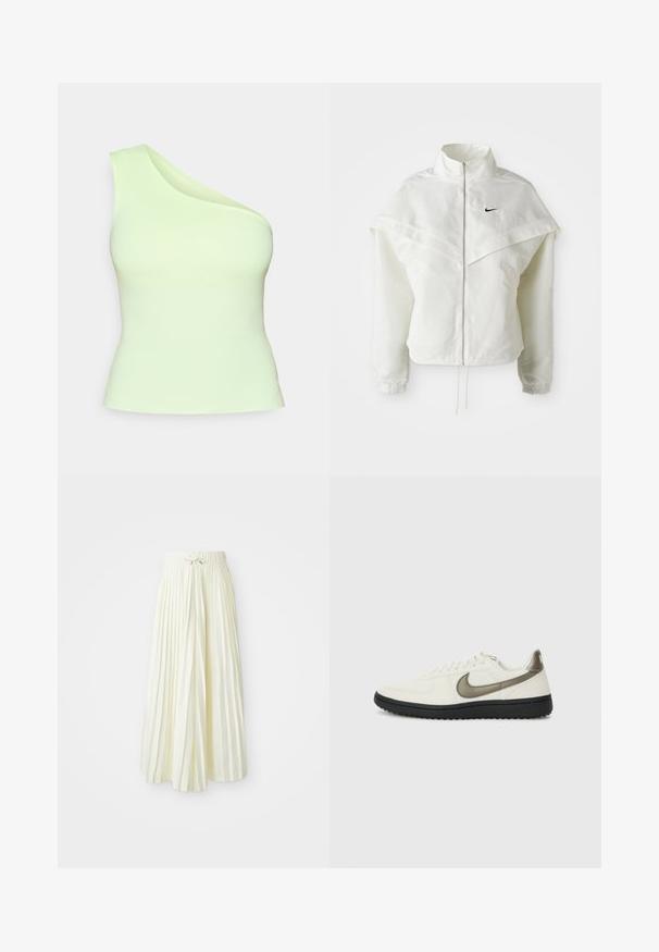 Weiße langärmlige Zip-Jacke mit hohem Kragen, cape-artigem Detail über den Schultern, elastischen Bündchen und kleinem schwarzen Nike-Logo auf der Brust.; Asymmetrisches Top mit einem Schulterträger aus leicht grünem Stoff, taillierte Passform mit glatter Textur, ohne Verzierungen oder Muster.; Plissierter Midirock aus hellgelbem Stoff mit einem elastischen Bund und einer Schnürung, glatter Textur und vertikalen Streifen für zusätzlichen Detailreichtum.; Nike Sportswear FIELD GENERAL - Sneaker low - off-white/black