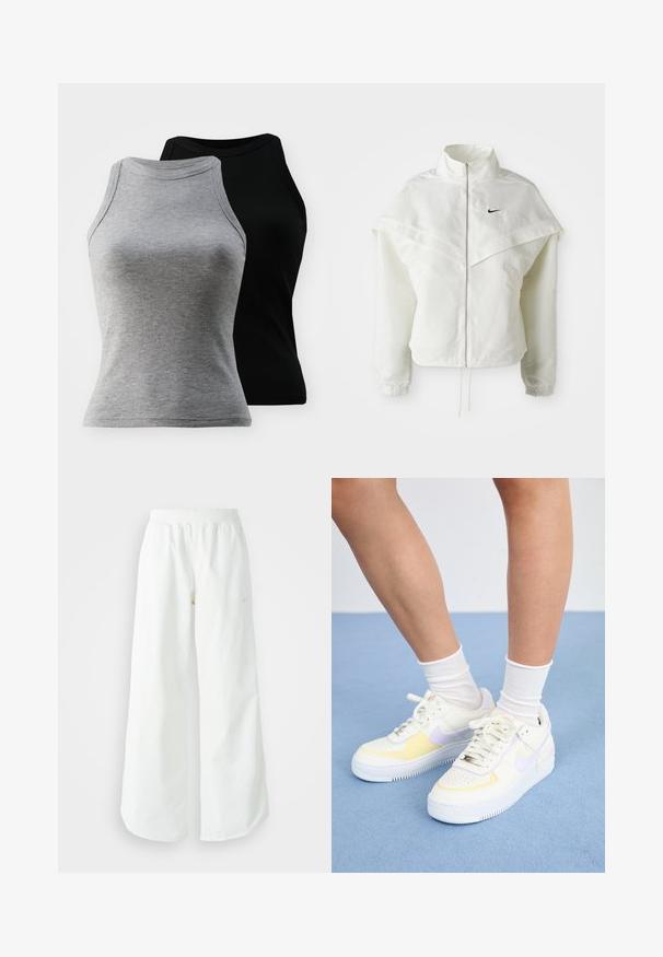 Jaqueta branca de mangas longas com fecho éclair e gola alta, detalhe tipo capa nos ombros, punhos elásticos e pequeno logótipo preto da Nike no peito.; Dois tops de alças sem mangas em cinza e preto. Eles apresentam um decote arredondado e uma silhueta ajustada, feitos de uma mistura de algodão macio.; Calças atléticas largas brancas com uma cintura canelada e um discreto detalhe de logótipo. Tecido suave com um corte relaxado e terminações ajustadas.; Sneakers de couro branco com detalhes em amarelo e lavanda, bico arredondado, cadarços planos e sola de borracha texturizada. Usados com meias brancas.