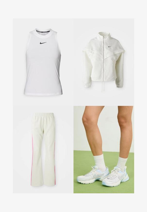 White long-sleeve zip-up jacket with high collar, cape-like detail across shoulders, elastic cuffs, and small black Nike logo on chest.; White sleeveless athletic top with a round neckline and a small black Nike logo on the chest. Made from smooth, lightweight fabric.; Light beige pants with an elastic waistband, featuring pink side panels and side pockets. Smooth texture with a straight-leg design.; White and light blue athletic shoes with mesh and synthetic materials, featuring textured accents, rounded shape, and a cushioned sole.