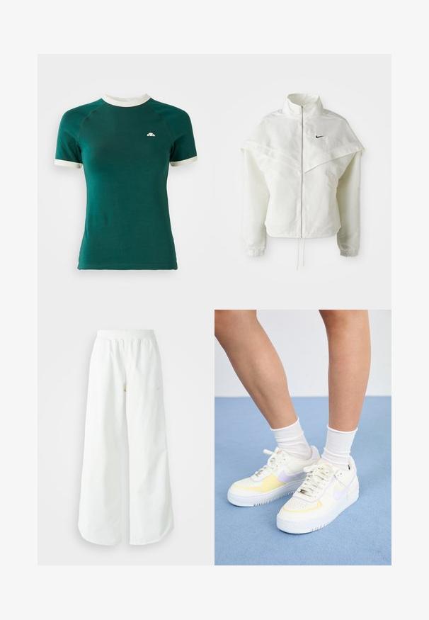 Balta ilga rankovė zip-up striukė su aukštu apykakle, švarkelio tipo detalėmis ant pečių, elastingomis rankovėmis ir mažuoju juodu Nike logotipu ant krūtinės.; Žalios spalvos trumpomis rankovėmis marškinėliai su balta oru apykakle ir rankovių kraštais. Ant viršutinės kairės krūtinės dalies yra mažas logotipas.; Balti sportiniai keliai su platėjančiomis kojomis, su įtemptu juosmeniu ir subtilia logotipo detale. Lygus audinys, laisvas kirpimas ir siaurėjantis apatinis kraštas.; Baltos odinės sportbačiai su geltonais ir levandų akcentais, apvaliu pirštu, plokščiomis raišteliais ir tekstūruota guma. Dėvimi su baltais kojinėmis.