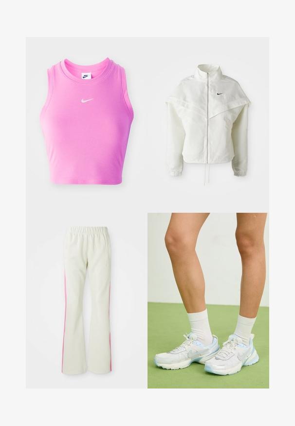 Fehér, hosszú ujjú, zipzáras dzseki magas gallérral, a vállakon lebegő, köpenyszerű résszel, rugalmas mandzsettákkal és kis fekete Nike logóval a mellkason.; Rózsaszín, ujjnélküli crop top, bordázott anyagból készült, kerek nyakkivágással és egy kis fehér Nike logóval az elején.; Világos bézs színű nadrág, elasztikus derékrésszel, rózsaszín oldalsávokkal és oldalzsebekkel. Sima felület, egyenes lábdesign.; Fehér és világoskék sportcipők, hálós és szintetikus anyagból, texturált kiegészítőkkel, lekerekített formával és párnázott talppal.
