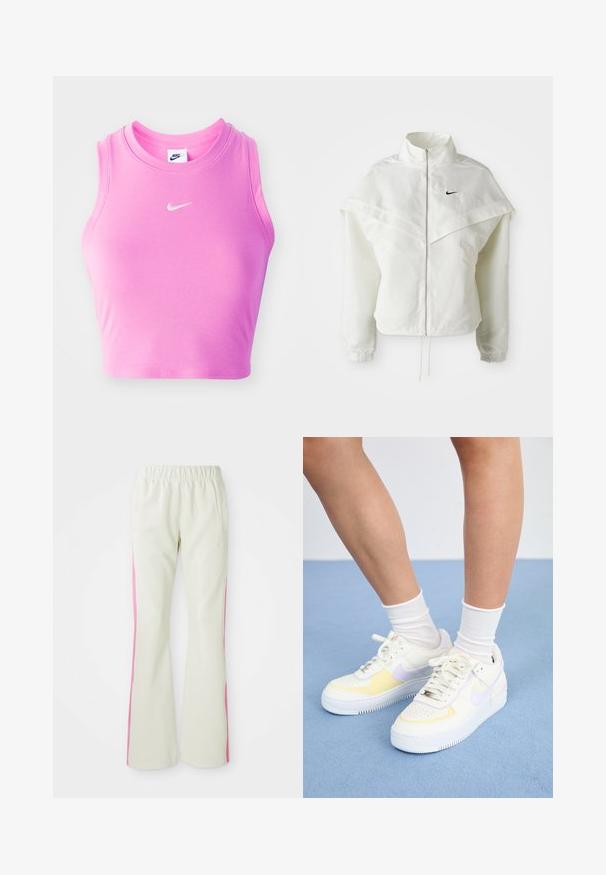 Hvit langermet jakke med glidelås og høy krage, kappe-lignende detaljer over skuldrene, elastiske mansjetter, og liten svart Nike-logo på brystet.; Rosa uten ermer crop topp laget av ribbet stoff, med rund halslinning og en liten hvit Nike swoosh-logo på midten foran.; Lys beige bukser med elastisk linning, med rosa sidepaneler og sidelommer. Glatt tekstur med rett ben-design.; Hvit lær sneakers med gule og lavendel detaljer, rund tå, flate lisser, og teksturert gummisåle. Brukt med hvite sokker.