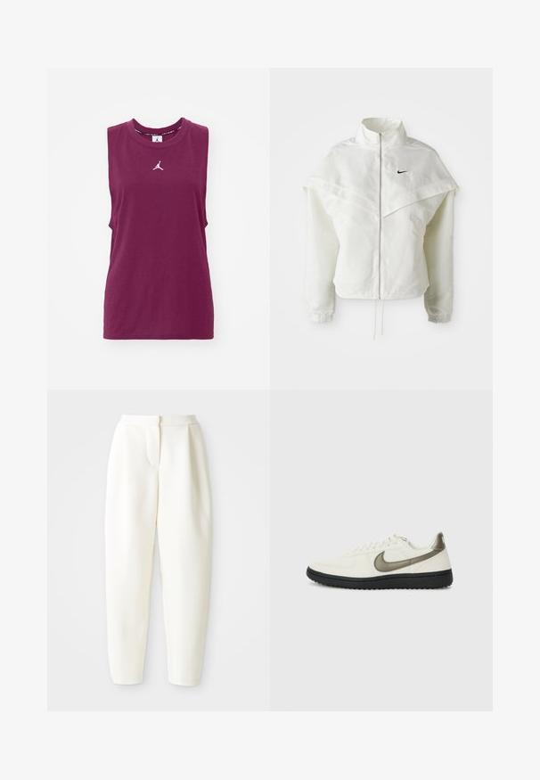 Bela jakna z dolgimi rokavi in zadrgo, visokim ovratnikom, plaščastim detajlom čez ramena, elastičnimi manšetami in majhnim črnim logotipom Nike na prsih.; Bezrokavni maroon Jordan majica s tankim naramenicama z belim Jumpman logotipom centriranim ispod dekoltea, prikazana na beloj pozadini.; Bela visoko pasovana tapered hlače z zadrgo na sprednji strani in stranskimi žepi, prikazane na enotnem belem ozadju.; Nike Sportswear FIELD GENERAL - Športni copati - off-white/black