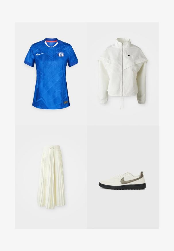 Valkoinen pitkähihainen vetoketjullinen takki korkealla kauluksella, viittamainen yksityiskohta olkapäillä, joustavat hihansuut ja pieni musta Nike-logo rinnassa.; Chelsea Football Clubin jersey, joka on kirkkaan sininen, sisältää hienovaraisen geometrisen kuvion, valkoisen kauluksen ja Nike-logon edessä.; Pleatattu midi-hame vaaleankeltaisesta kankaasta, jossa on joustava vyötärö ja nauhakiinnitys, sileä pinta ja pystysuorat raidat lisäyksityiskohtina.; Nike Sportswear FIELD GENERAL - Matalavartiset tennarit - off-white/black