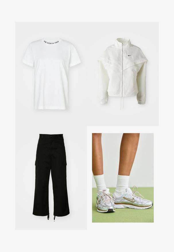 White long-sleeve zip-up jacket with high collar, cape-like detail across shoulders, elastic cuffs, and small black Nike logo on chest.; White cotton t-shirt featuring a round neckline with "THE NORTH FACE" in black lettering. Short sleeves and a relaxed fit.; Black cargo pants made from cotton, featuring wide legs, side pockets, and drawstring hems. The design includes a button closure at the waist.; Silver athletic shoes with white and gold accents, featuring a mesh upper, rubber sole, and a reflective finish. Socks visible above ankle.