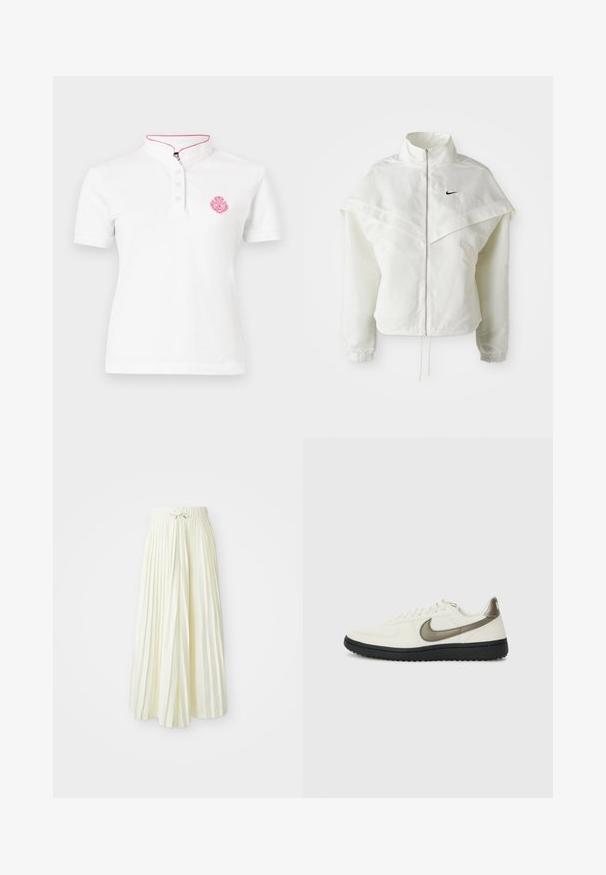 Valge pikkade varrukatega tõmblukuga jakk kõrge kraega, kätetooted, mis meenutavad katet õlgadel, elastsete mansettidega ja väikese musta Nike logoga rinnal.; Valge lühikeste varrukatega polo särk mandariini krae, kolme nööbiga vöö ja roosa tikandiga logo detail rindkere piirkonnas.; Kergelt kollasel kangast volditud midi seelik, millel on elastne vöökoht koos nööriga, sile tekstuur ja vertikaalsed triibud lisadetailideks.; Nike Sportswear FIELD GENERAL - Tossud - off-white/black