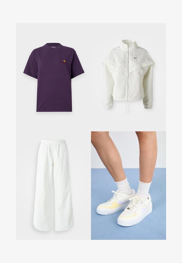 Jachetă albă cu mâneci lungi, cu fermoar, guler înalt, detalii asemănătoare unei capele pe umeri, manșete elastice și un mic logo Nike negru pe piept.; Tricou din bumbac de culoare mov, cu guler rotund și mâneci scurte. Are un mic logo în portocaliu și roșu pe partea stângă a pieptului.; Pantaloni atletici largi, alba, cu un talie elastica texturata si detalii subtile cu logo. Material neted, cu o croiala lejera si tiv conformat.; Adidași din piele albă cu accente galbene și lavandă, vârful rotund, șireturi plate și talpă din cauciuc texturat. Purtați cu șosete albe.