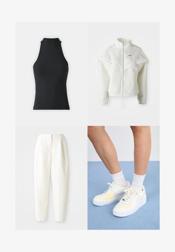 Fehér, hosszú ujjú, zipzáras dzseki magas gallérral, a vállakon lebegő, köpenyszerű résszel, rugalmas mandzsettákkal és kis fekete Nike logóval a mellkason.; Fekete bordás, magas nyakú, ujjatlan felső, amely illeszkedő fazonnal és rugalmas anyaggal rendelkezik, finom textúrával és hemzsegő széllel.; Magas derékú, tapered fehér nadrág, rejtett elülső záródással és oldalsó zsebekkel, sima fehér háttér előtt bemutatva.; Fehér bőr sneakers sárga és levendula színű kiegészítőkkel, kerek orral, lapos fűzökkel és texturált gumitalppal. Fehér zoknival viselve.