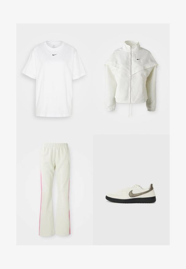 Balta ilga rankovė zip-up striukė su aukštu apykakle, švarkelio tipo detalėmis ant pečių, elastingomis rankovėmis ir mažuoju juodu Nike logotipu ant krūtinės.; Balta medvilnė marškinėliai su apvaliu iškirpimu, trumpomis rankovėmis ir juodu Nike logotipu spausdintu centrinėje krūtinės dalyje. Paprastas ir klasikinis dizainas.; Šviesiai smėlio spalvos kelnės su elastinga juosmens juosta, turinčios rožinius šoninius panelius ir šonines kišenes. Lygi tekstūra su tiesiomis kojomis.; Nike Sportswear FIELD GENERAL - Sportbačiai - off-white/black