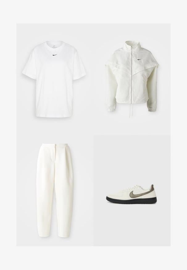 Valge pikkade varrukatega tõmblukuga jakk kõrge kraega, kätetooted, mis meenutavad katet õlgadel, elastsete mansettidega ja väikese musta Nike logoga rinnal.; Valge puuvillane T-särk ümmarguse kaelusega, lühikeste varrukatega ja must Nike logo trükitud keskelt rinnale. Lihtne ja klassikaline disain.; Kõrge vöökoht ja kitsenevad valged püksid peidetud esiklõike ja küljetaskutega, esitlemine lihtsa valge tausta ees.; Nike Sportswear FIELD GENERAL - Tossud - off-white/black