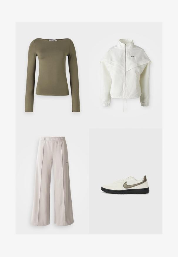 Hvit langermet jakke med glidelås og høy krage, kappe-lignende detaljer over skuldrene, elastiske mansjetter, og liten svart Nike-logo på brystet.; Olivenfarget langermet topp i en tettsittende design, laget av et glatt, elastisk stoff med bred utringning og minimale sømmer.; Lys grå vide bukser lavet af glat stof. Har en elastisk talje og sort Nike-logo på venstre side.; Nike Sportswear FIELD GENERAL - Joggesko - off-white/black