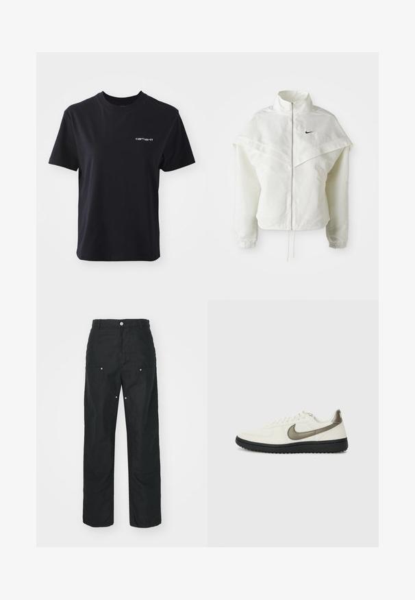 Valkoinen pitkähihainen vetoketjullinen takki korkealla kauluksella, viittamainen yksityiskohta olkapäillä, joustavat hihansuut ja pieni musta Nike-logo rinnassa.; Musta puuvillainen T-paita, jossa on pyöreä pääntie, lyhyet hihat ja valkoinen "carhartt" -logo vasemmassa rinnassa. Sujuva pinta, normaali istuvuus.; Mustat housut suoralla lahjesuunnittelulla, valmistettu tekstuuritetusta kankaasta. Sisältää koristeellista hopeista metalliosaa ja ainutlaatuista sauman yksityiskohtaa.; Nike Sportswear FIELD GENERAL - Matalavartiset tennarit - off-white/black