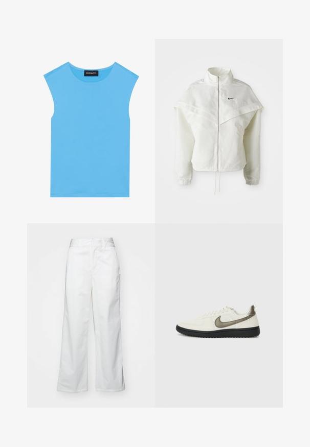 Biała, długozapinana kurtka na zamek z wysokim kołnierzem, z pelerynowym detalem na ramionach, elastycznymi mankietami i małym czarnym logo Nike na piersi.; Niebieski top bez rękawów wykonany z gładkiego materiału, z okrągłym dekoltem i czystymi liniami, bez dodatkowych ozdób czy wzorów.; Białe spodnie o szerokich nogawkach wykonane z bawełny, charakteryzujące się gładką fakturą, prostym krojem, przednimi kieszeniami i czystym wykończeniem.; Nike Sportswear - Sneakersy niskie