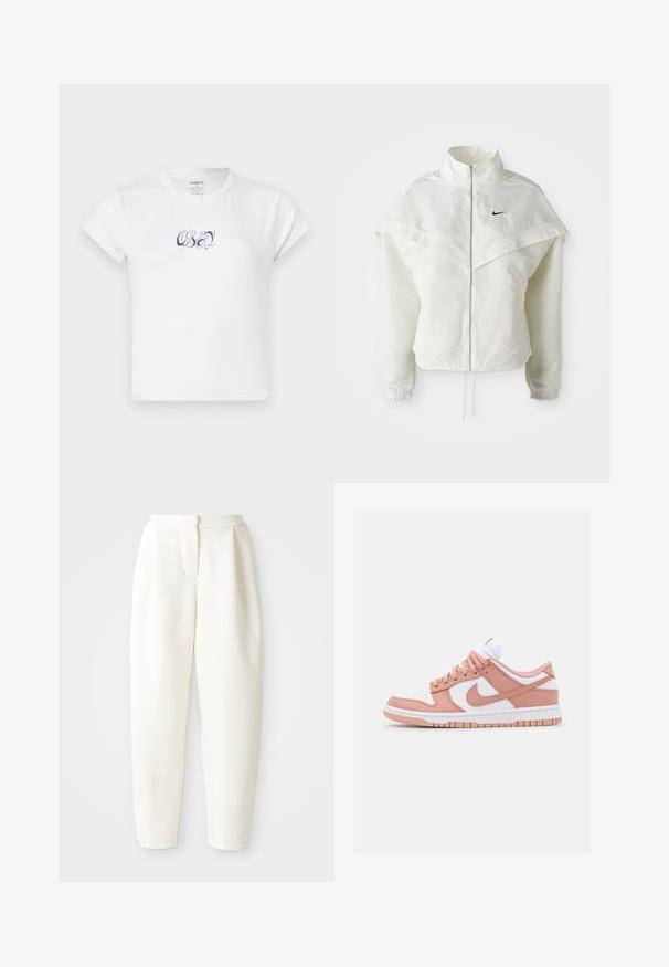 Balta garās piedurknes ar rāvējslēdzēju jaka ar augstu apkakli, apmetņa līdzīga detaļa uz pleciem, elastīgas aproces un mazs melns Nike logotips uz krūtīm.; Balta kokvilnas t-kreklu ar īsām piedurknēm un apaļu kakla izgriezumu, priekšpusē ar tumši zilu "OBEY" grafisko tekstu. Gluda tekstūra.; Augstas jostas līnijas, sašaurināti balti bikses ar slēptu priekšējo aizdari un sānu kabatām, attēloti uz vienkrāsaina balta fona.; Sneakeri ar baltu ādas purngalu, gaiši rozā ādas akcentiem un teksturētu rozā un baltu zoli. Iespējotas auklas un Nike logo.