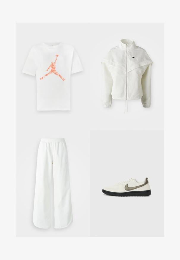 Biała, długozapinana kurtka na zamek z wysokim kołnierzem, z pelerynowym detalem na ramionach, elastycznymi mankietami i małym czarnym logo Nike na piersi.; Biała bawełniana koszulka z pomarańczowym logo Jumpman z kwiatowym wzorem nadrukowanym na środku. Design z okrągłym dekoltem i krótkimi rękawami.; Białe szerokie spodnie sportowe z podwyższonym stanem i subtelnym logotypem. Gładki materiał z luźnym krojem i zwężającym się dołem.; Nike Sportswear - Sneakersy niskie