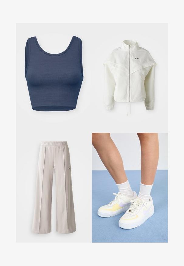Bjela jakna dugih rukava s patentnim zatvaračem i visokim ovratnikom, s kapastim detaljima preko ramena, elastičnim manžetama i malim crnim Nike logom na prsima.; Tamno plavi kratki top s izrezom u obliku luka, bez rukava, teksturiranog materijala, s minimalnim šavovima duž rubova.; Svijetlosive hlače širokih nogavica od glatkog materijala. Imaju elastičnu traku u struku i crni Nike logo na lijevoj strani.; Bijele kožne tenisice s žutim i lavandinim naglascima, okrugli vrh, ravne vezice i teksturirana gumena potplat. Nosene s bijelim čarapama.