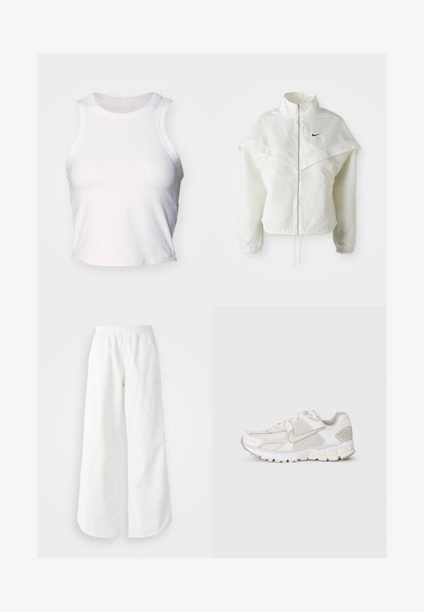 White long-sleeve zip-up jacket with high collar, cape-like detail across shoulders, elastic cuffs, and small black Nike logo on chest.; White sleeveless crop top made of smooth, stretchy fabric. Features a rounded neckline and subtle stitching details along the edges.; White wide-leg athletic pants with a ribbed waistband and subtle logo detail. Smooth fabric with a relaxed fit and tapered hem.; White athletic shoe with mesh and synthetic materials. Features a textured design, padded collar, and geometric accents on the heel.