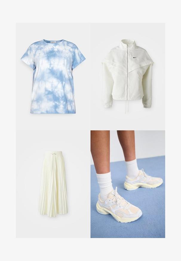 Balta ilga rankovė zip-up striukė su aukštu apykakle, švarkelio tipo detalėmis ant pečių, elastingomis rankovėmis ir mažuoju juodu Nike logotipu ant krūtinės.; Šviesiai mėlynas medvilninis marškinėliai su raugų raštu, trumpomis rankovėmis ir apvalia iškirpte. Lygus paviršius, laisvas siluetas.; Šviesiai geltona, krokuota midi sijonas, su elastinga juosta ir juostele, glotnaus audinio tekstūra ir vertikalios juostelės papildomam akcentui.; Išvaizdūs sportiniai bateliai šviesiai geltonos ir baltos spalvų, pagaminti iš tinklinės ir sintetinių medžiagų, apvalios formos ir su tekstūruotais padais.