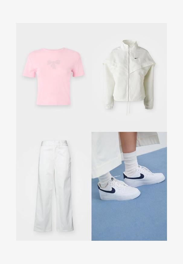 Hvid langærmet zip-up jakke med høj krave, kappe-lignende detaljer over skuldrene, elastiske manchetter og lille sort Nike-logo på brystet.; Kortærmet pink bomulds t-shirt med en rhinsten-beklædt sløjfe-design foran. Rund halsudskæring, afslappet pasform.; Hvide brede bukser lavet af bomuld, med en glat overflade, lige pasform, forlommer og en ren kant.; Hvide Nike Air Force 1 sneakers med marineblå detaljer, perforeret tå, flade snørebånd og gummisål, parret med ribbede hvide sokker.