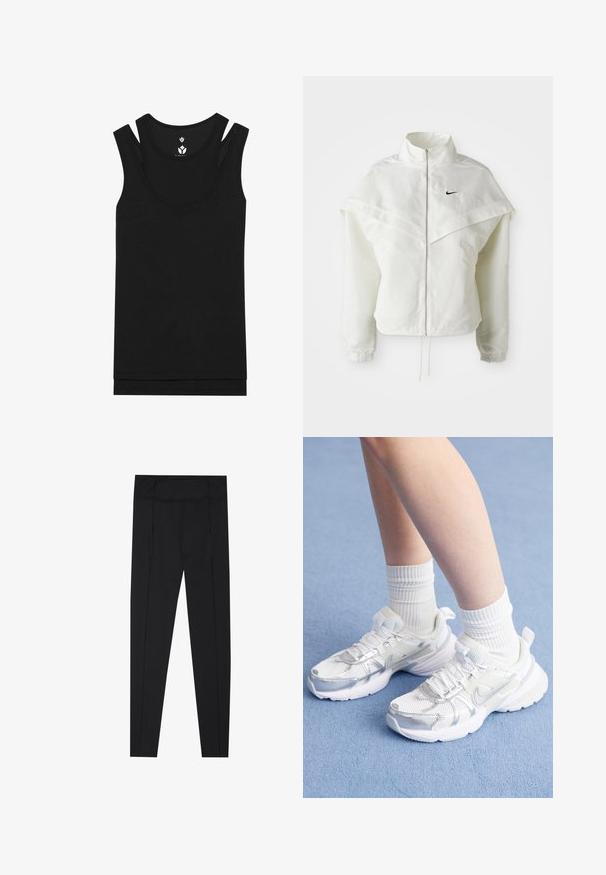 Valkoinen pitkähihainen vetoketjullinen takki korkealla kauluksella, viittamainen yksityiskohta olkapäillä, joustavat hihansuut ja pieni musta Nike-logo rinnassa.; Mustat hihattomat paidat, joissa on pyöreä kaula-aukko ja tuplaolkainten muotoilu. Valmistettu ribbikankaasta, jossa on sileä pinta, ja siinä on suora helma.; Musta legginssit, joissa on sileä pinta, korkea vyötärö ja ompeluyksityiskohtia sivuilla. Slim-fit-malli, joka sopii erilaisiin aktiviteetteihin.; Valkoiset urheilusandaalit, joissa on verkkokudosta ja synteettisiä päällysteitä, joissa on hopeinen Nike-logomerkki, ja jotka on yhdistetty ribbaisiin valkoisiin sukkiin sinisellä pinnalla.